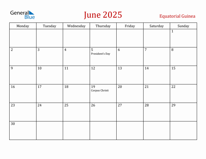 Equatorial Guinea June 2025 Calendar - Monday Start