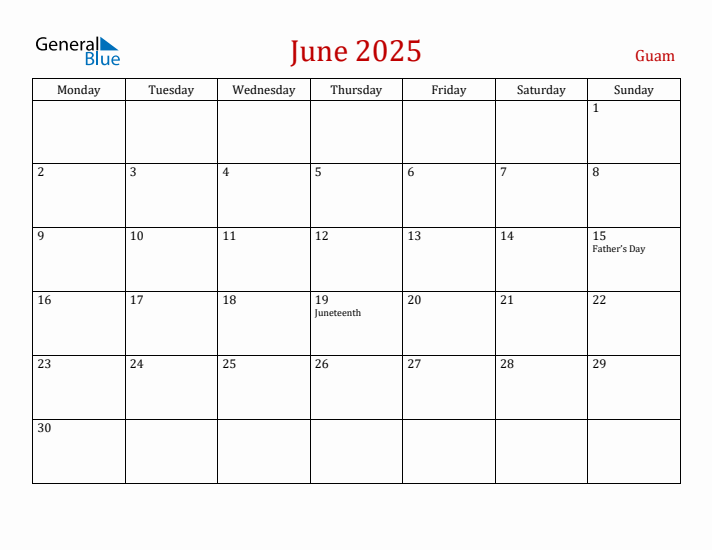 Guam June 2025 Calendar - Monday Start