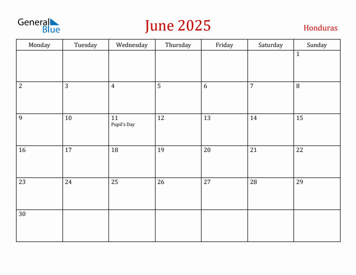 Honduras June 2025 Calendar - Monday Start