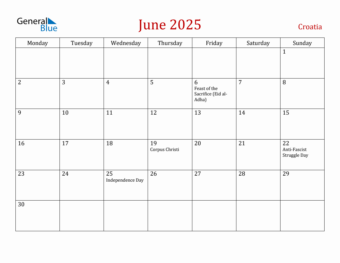 June 2025 Croatia Monthly Calendar with Holidays