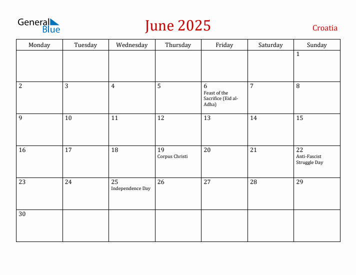 Croatia June 2025 Calendar - Monday Start