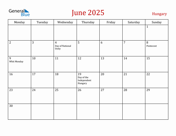 Hungary June 2025 Calendar - Monday Start