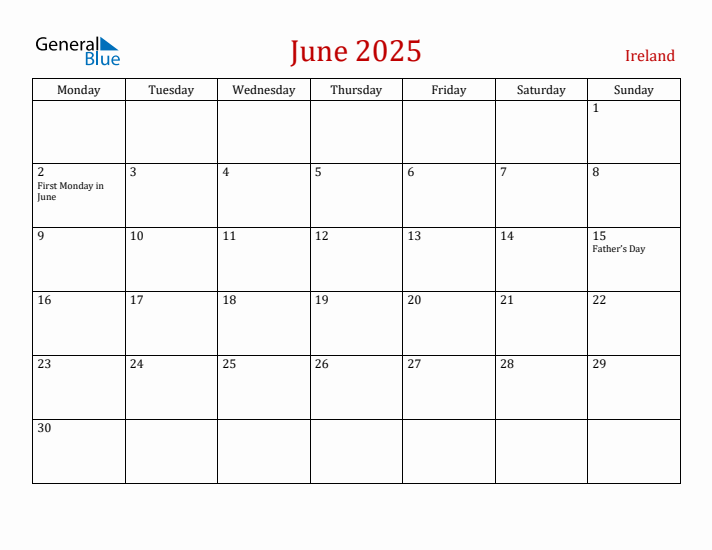 Ireland June 2025 Calendar - Monday Start