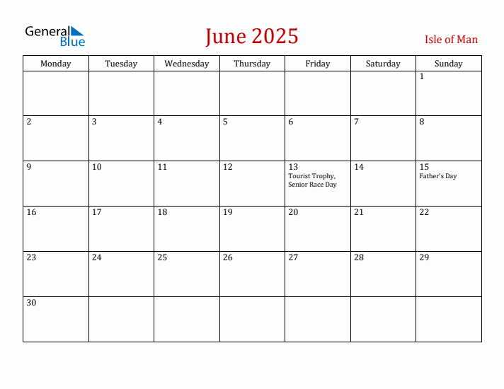 Isle of Man June 2025 Calendar - Monday Start