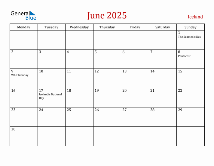 Iceland June 2025 Calendar - Monday Start