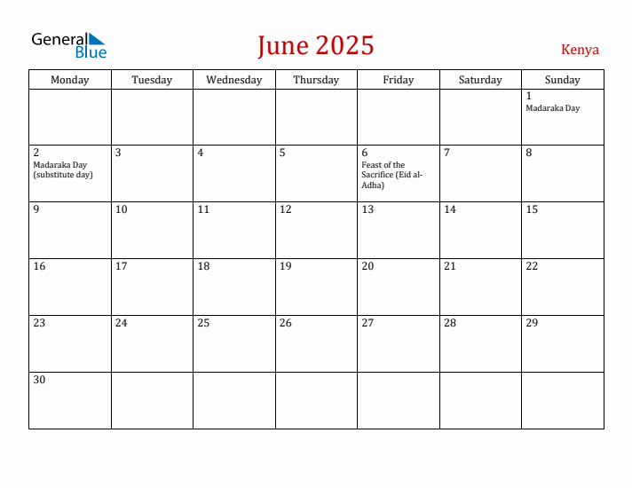 Kenya June 2025 Calendar - Monday Start
