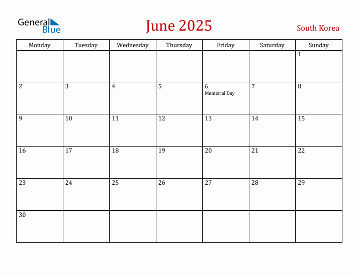 South Korea June 2025 Calendar - Monday Start