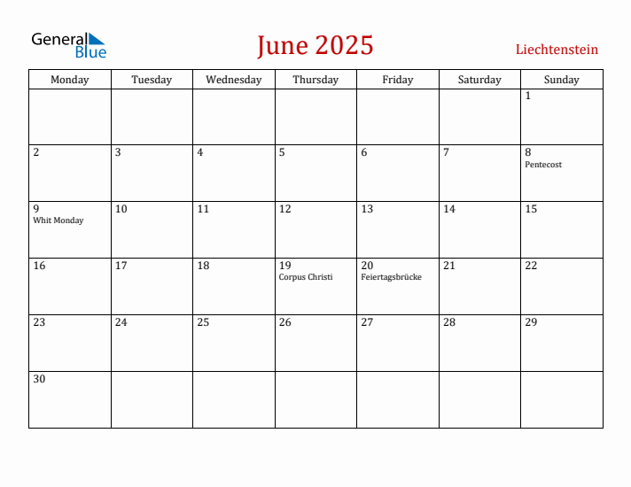 Liechtenstein June 2025 Calendar - Monday Start