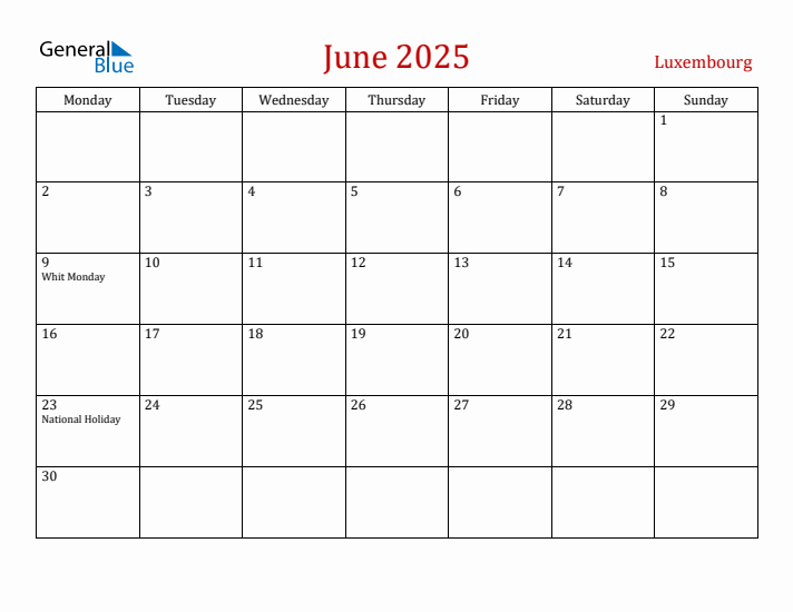 Luxembourg June 2025 Calendar - Monday Start