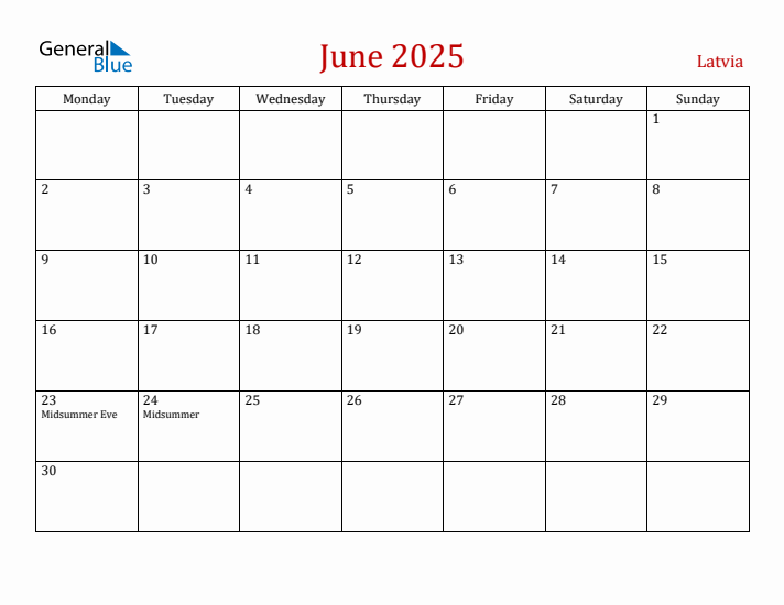 Latvia June 2025 Calendar - Monday Start