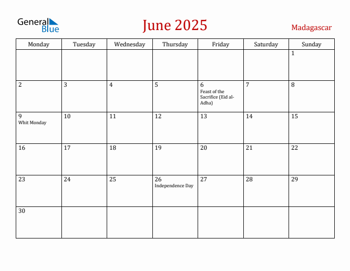 Madagascar June 2025 Calendar - Monday Start