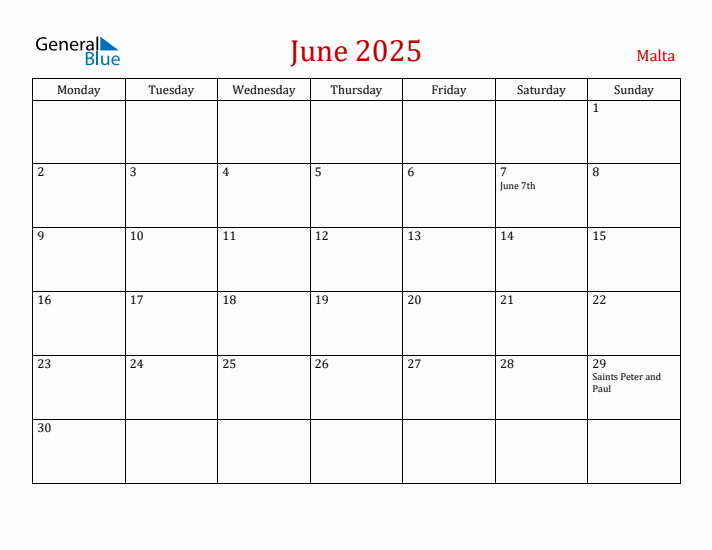 Malta June 2025 Calendar - Monday Start