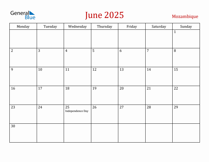 Mozambique June 2025 Calendar - Monday Start