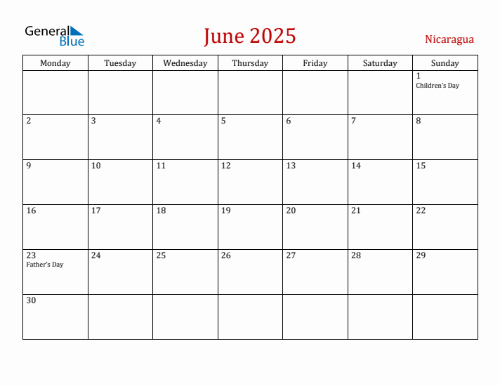 Nicaragua June 2025 Calendar - Monday Start