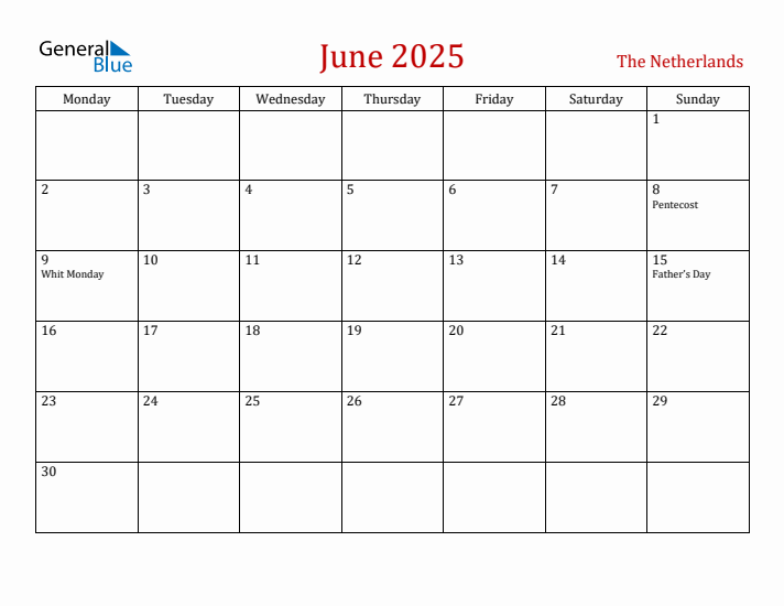 The Netherlands June 2025 Calendar - Monday Start