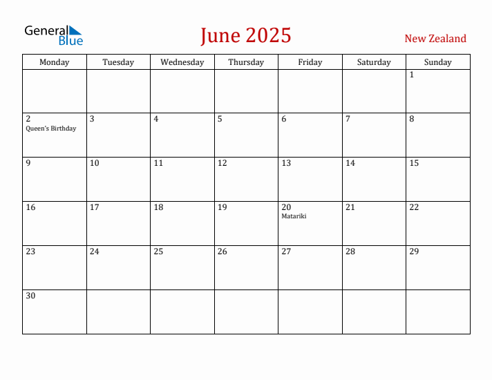 New Zealand June 2025 Calendar - Monday Start
