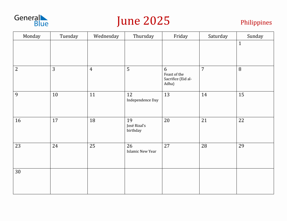 June 2025 Philippines Monthly Calendar with Holidays