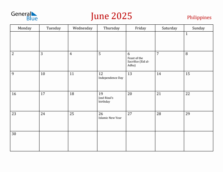 Philippines June 2025 Calendar - Monday Start