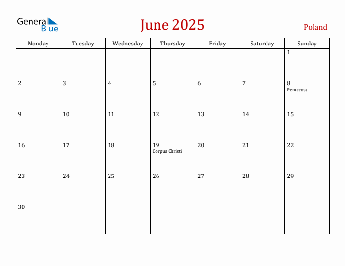 Poland June 2025 Calendar - Monday Start