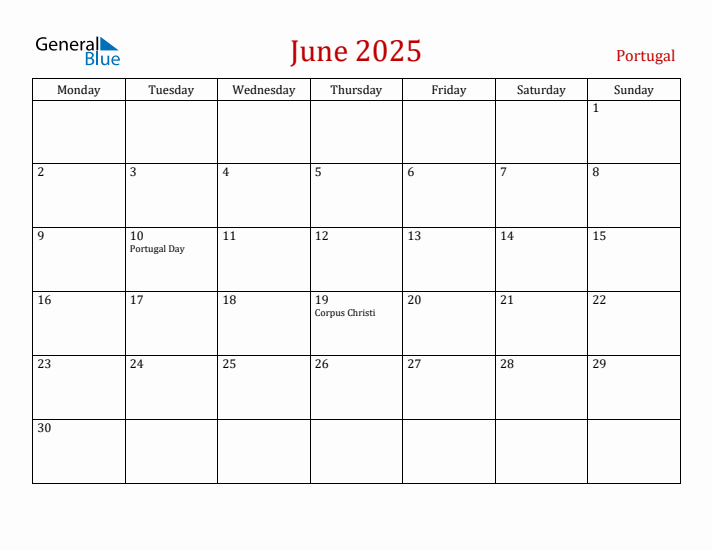 Portugal June 2025 Calendar - Monday Start