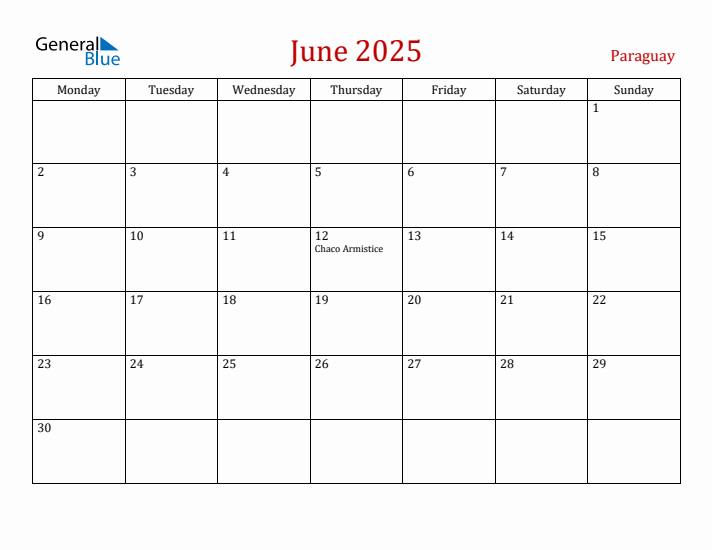 Paraguay June 2025 Calendar - Monday Start