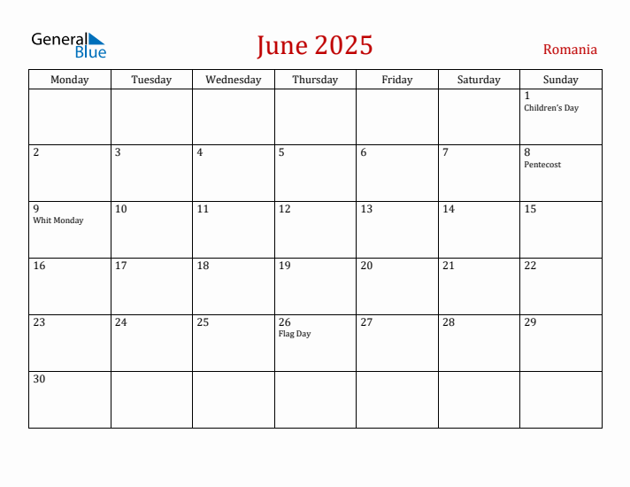 Romania June 2025 Calendar - Monday Start