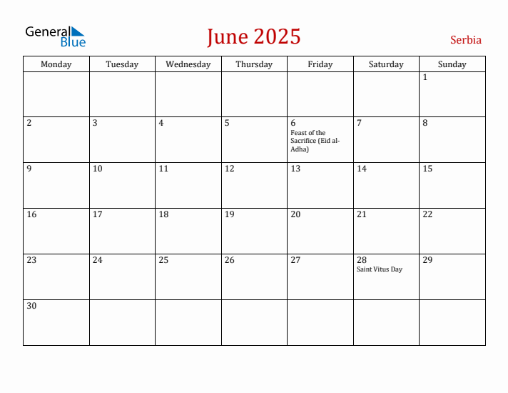 Serbia June 2025 Calendar - Monday Start