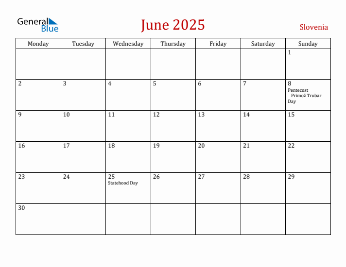 Slovenia June 2025 Calendar - Monday Start