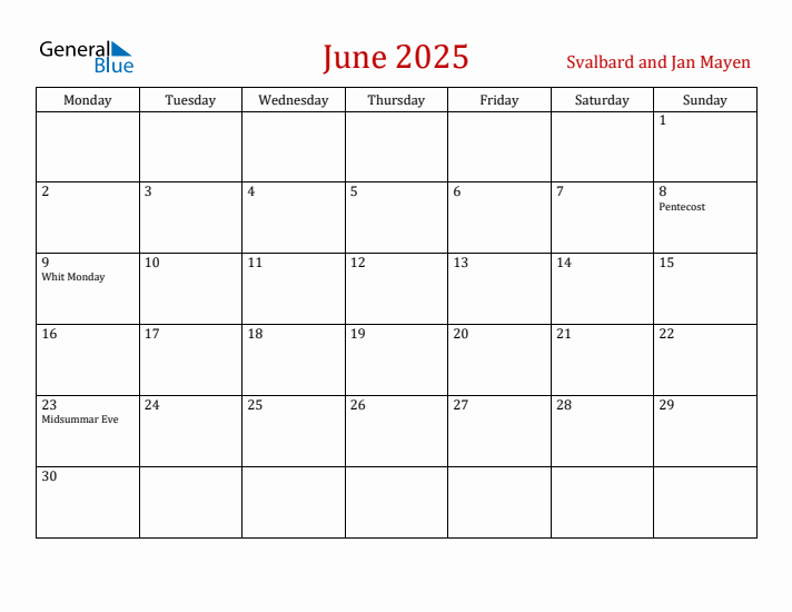 Svalbard and Jan Mayen June 2025 Calendar - Monday Start