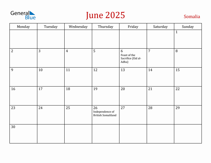 Somalia June 2025 Calendar - Monday Start