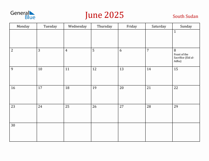 South Sudan June 2025 Calendar - Monday Start