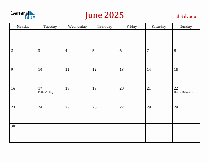 El Salvador June 2025 Calendar - Monday Start