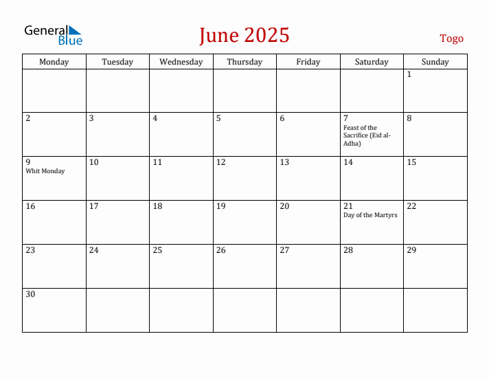 Togo June 2025 Calendar - Monday Start