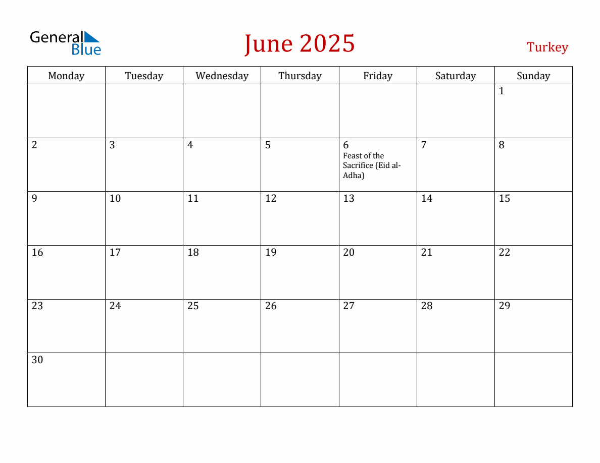 June 2025 Turkey Monthly Calendar with Holidays