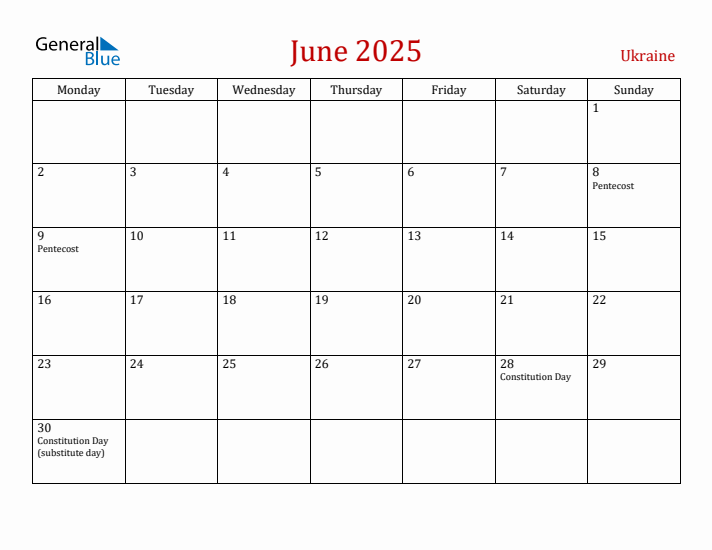 Ukraine June 2025 Calendar - Monday Start