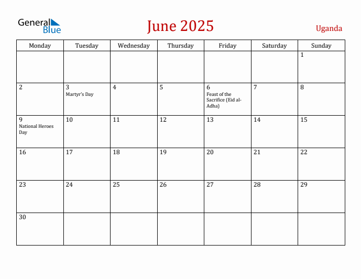 Uganda June 2025 Calendar - Monday Start