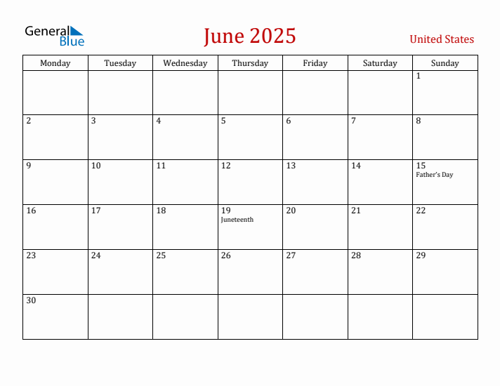United States June 2025 Calendar - Monday Start