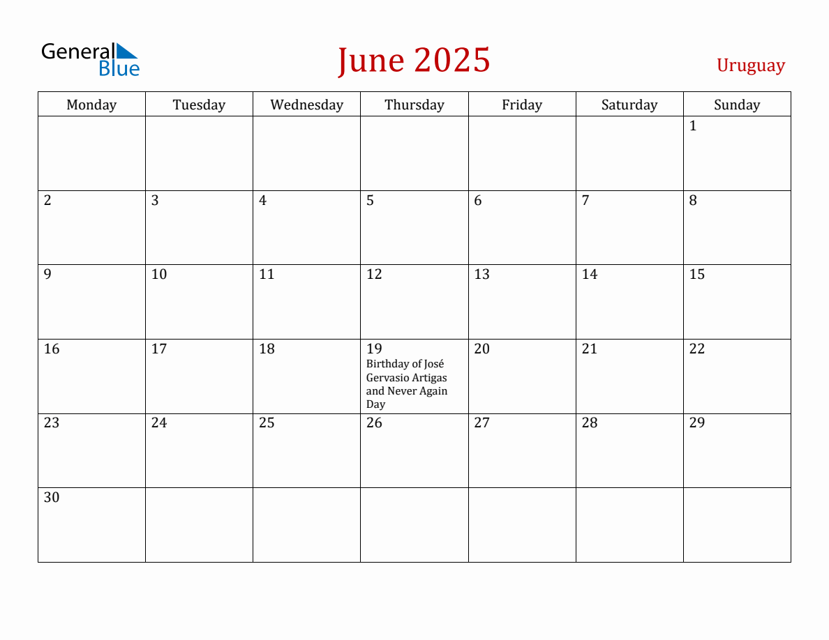 June 2025 Uruguay Monthly Calendar with Holidays