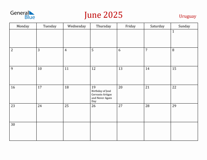 Uruguay June 2025 Calendar - Monday Start