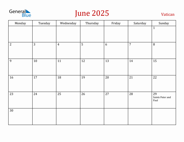 Vatican June 2025 Calendar - Monday Start