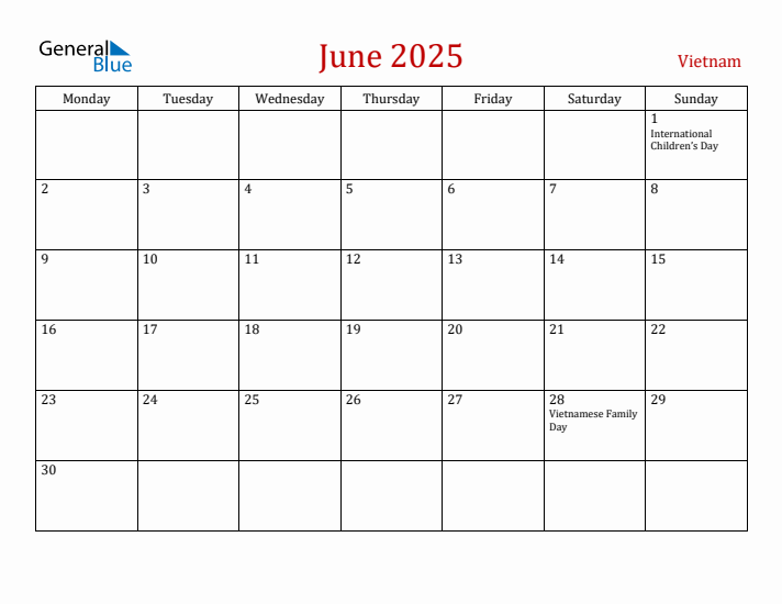 Vietnam June 2025 Calendar - Monday Start