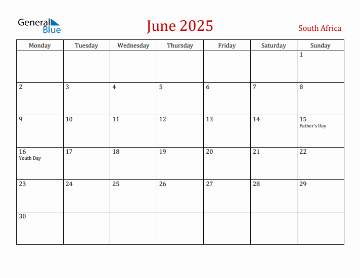South Africa June 2025 Calendar - Monday Start