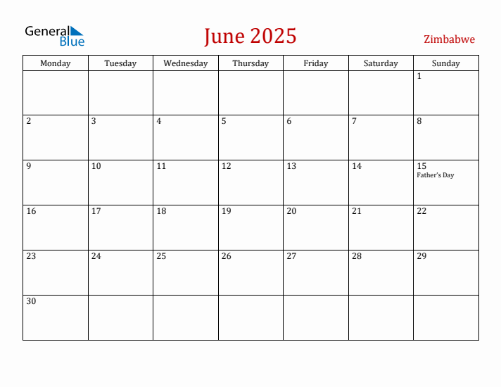 Zimbabwe June 2025 Calendar - Monday Start