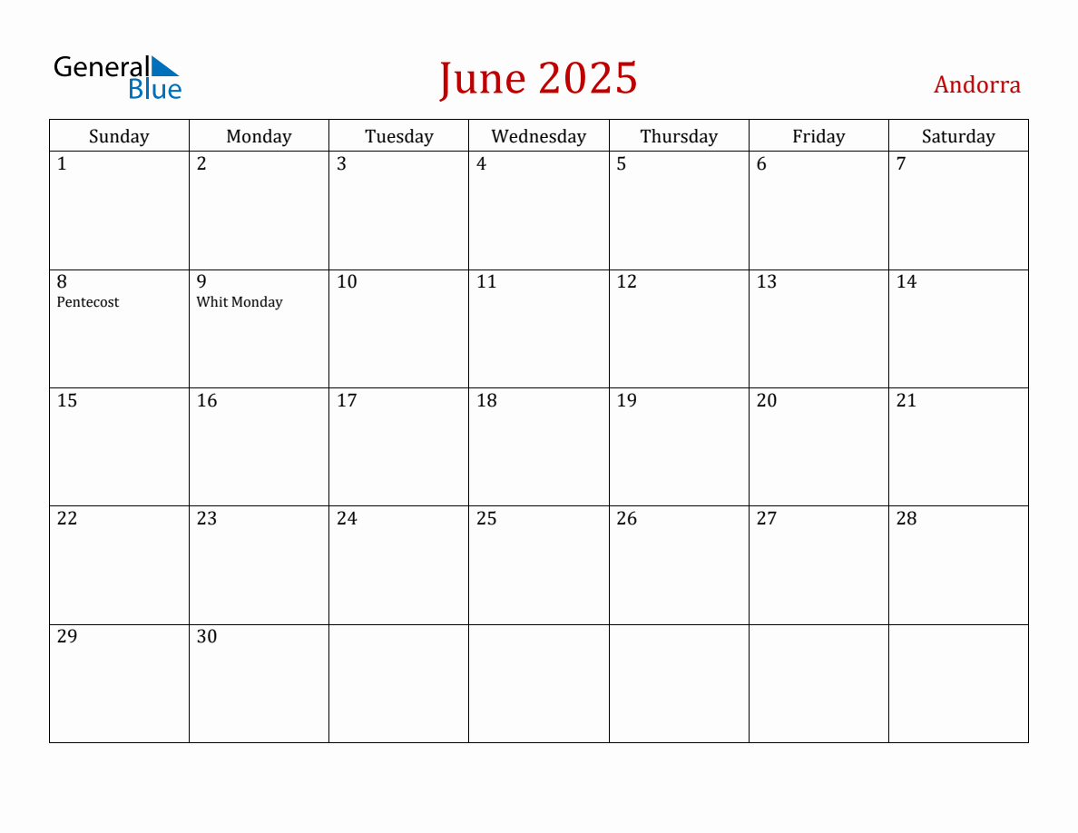 June 2025 Andorra Monthly Calendar with Holidays