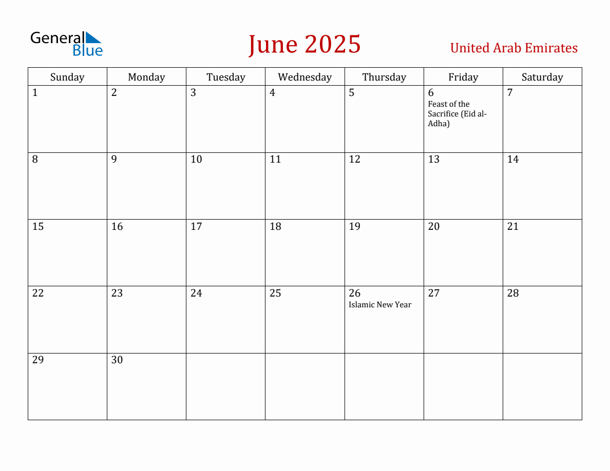 June 2025 United Arab Emirates Monthly Calendar with Holidays