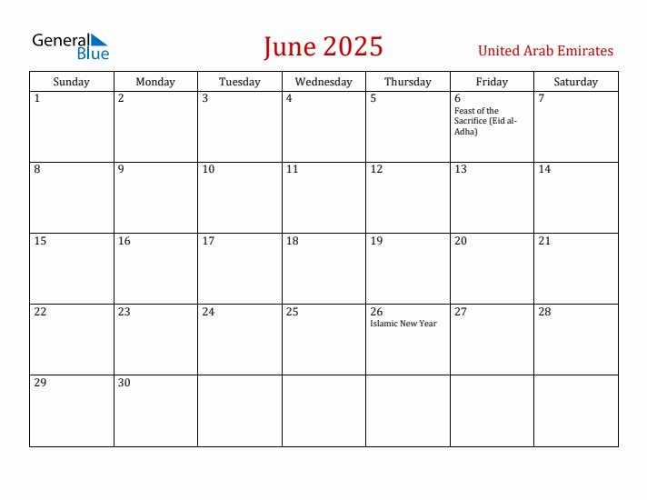 United Arab Emirates June 2025 Calendar - Sunday Start
