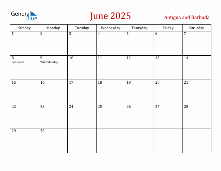 Antigua and Barbuda June 2025 Calendar - Sunday Start