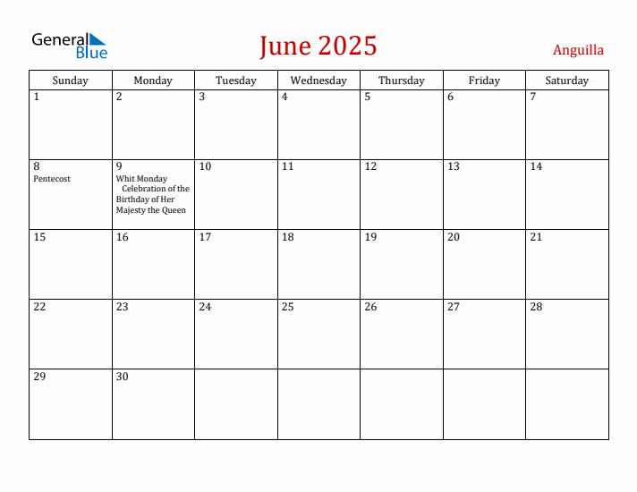 Anguilla June 2025 Calendar - Sunday Start