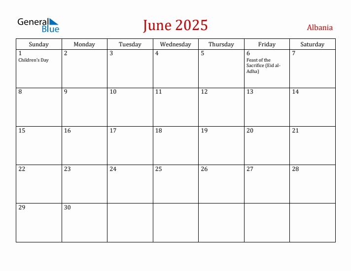 Albania June 2025 Calendar - Sunday Start