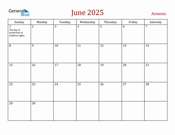 Armenia June 2025 Calendar - Sunday Start